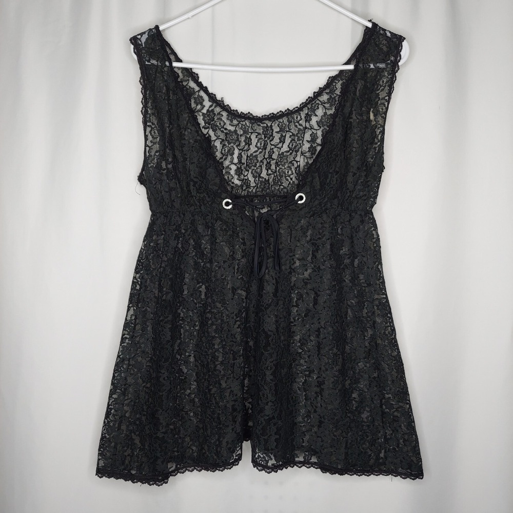 Vintage Lace Babydoll Camisole Large Black Nylon V-Neck Y2K Witchy Gothic Grunge